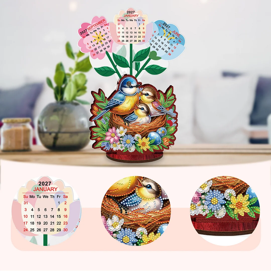 2026 Calendar DIY Diamond Painting Kit Bird Wooden Diamond Painting Calendar