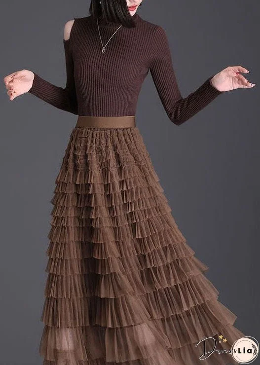 Stylish Coffee Ruffled Layered Patchwork Tulle Skirt Spring
