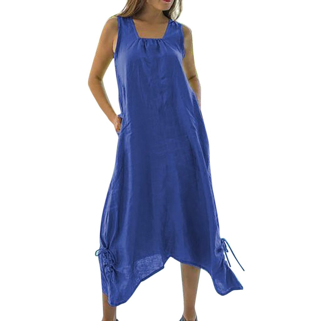 Women Summer Dress Plus Size Pure Color Linen Sleeveless Bandage Cotton And Linen Sandy Beach Sun Dress Plus Size Robe Femme
