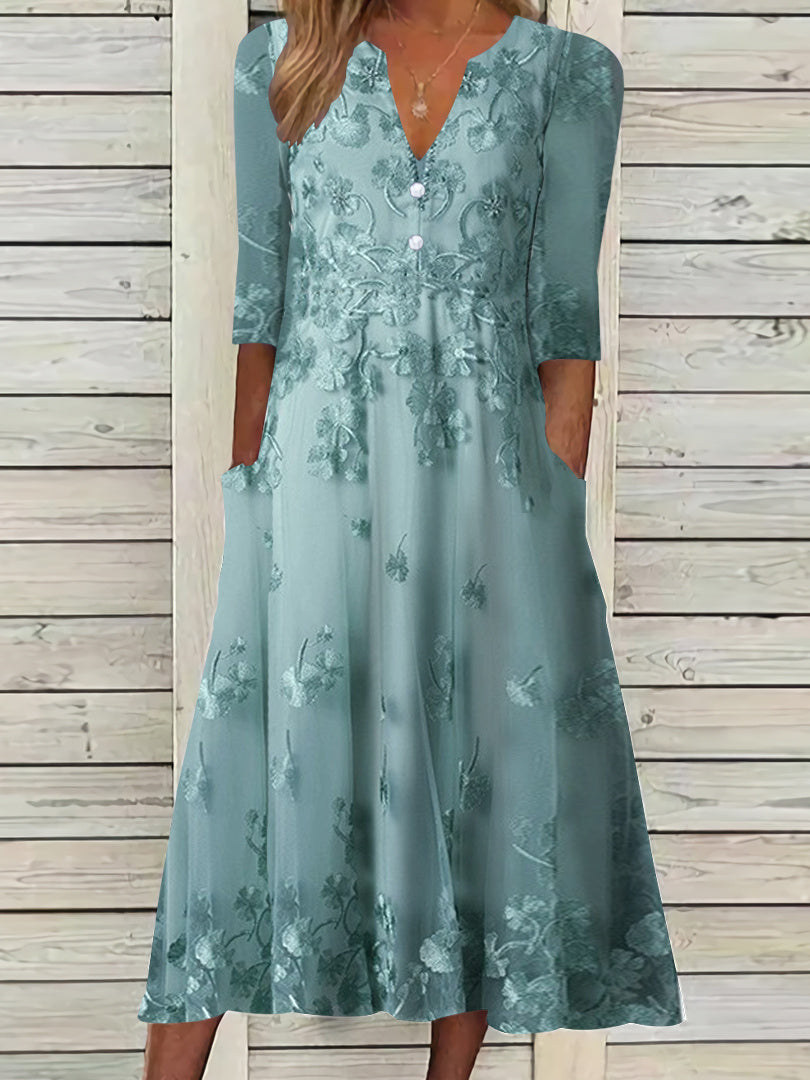 Women Half Sleeve V-neck Solid Color Dress