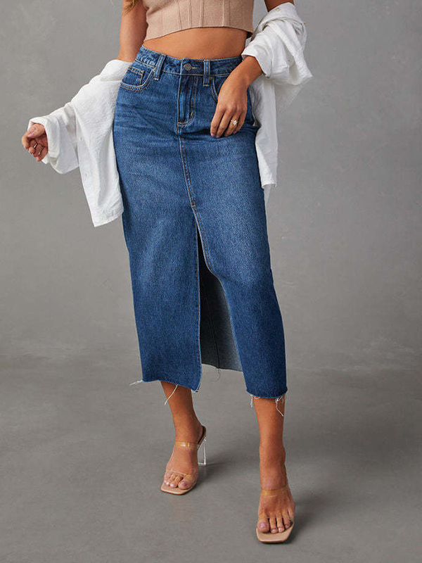 Front Split High Waist Side Pockets Denim Midi Skirt