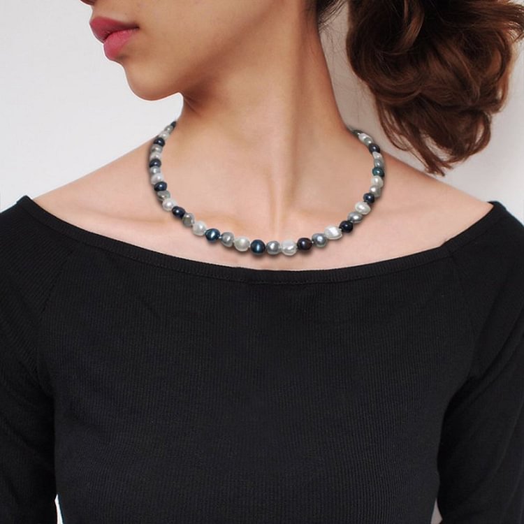 8-9mm natural mixed color baroque freshwater pearl necklace | white gray black shaped two-sided light pearl