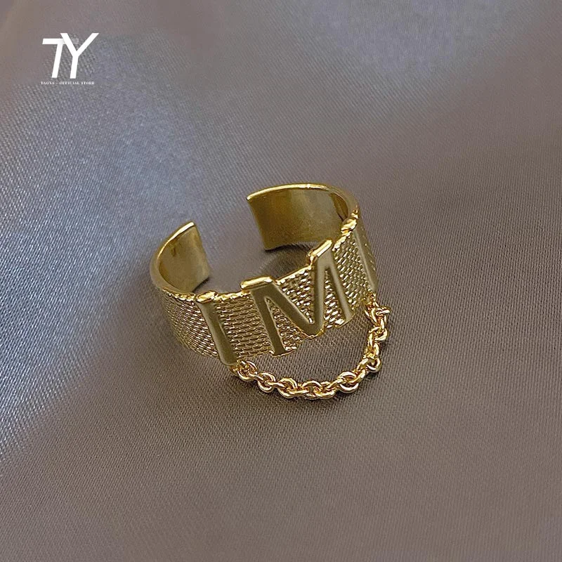 Graduation Gift  New Gothic Stainless Steel Chain M Letter Opening Gold Rings For Woman 2021 Korean Fashion Jewelry Party Girl's Unusual Ring Set