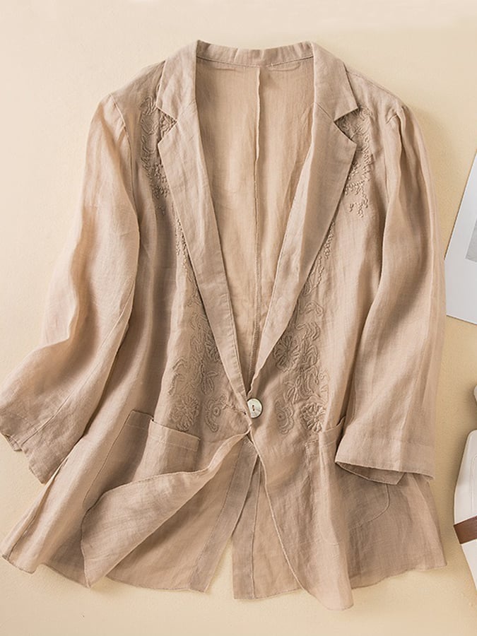 Cotton Linen Solid Color Embroidered Casual Jacket Thin Suit