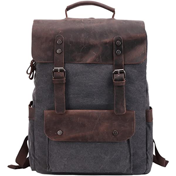 VRIGOO Vintage Genuine Leather Canvas Laptop Backpack