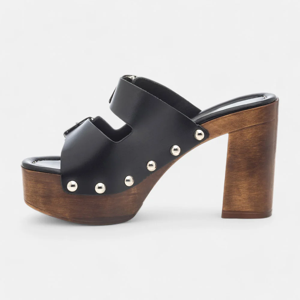 Open-Toe Double Buckle Strap Black Platform Sandals with Studs