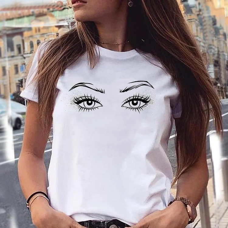 Women Eye Funny Printing Graphic Make Up Eyelash Style Cartoon Summer Female Clothes Fashion Print Tops Tees Tshirt T-Shirt