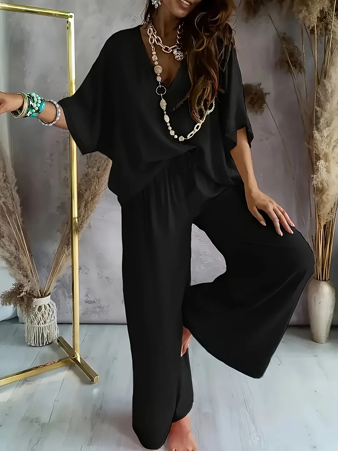 Churchf Churchf Standing V-Neck Bat Sleeve Top Sleeves Casual Trousers Set Stylish