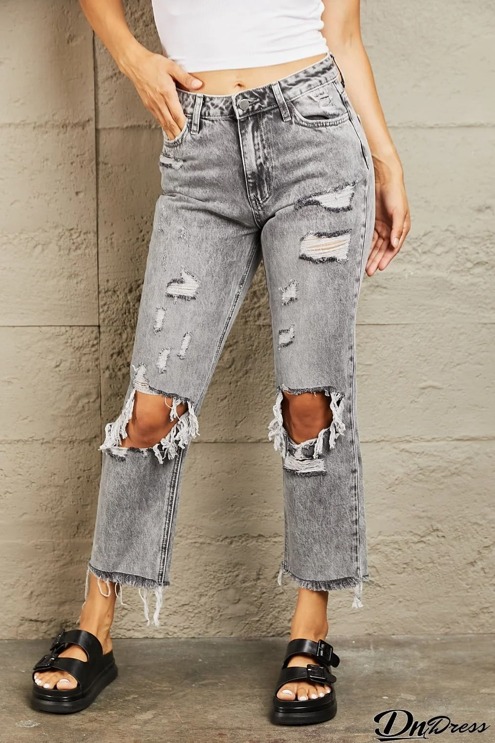 BAYEAS Acid Wash Distressed Straight Jeans