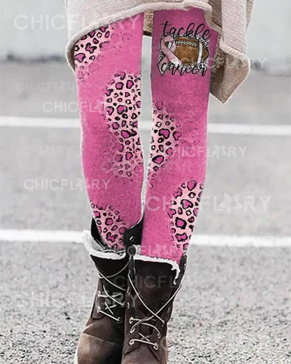 Breast Cancer Awareness Tackle Cancer Football Leopard Print Leggings