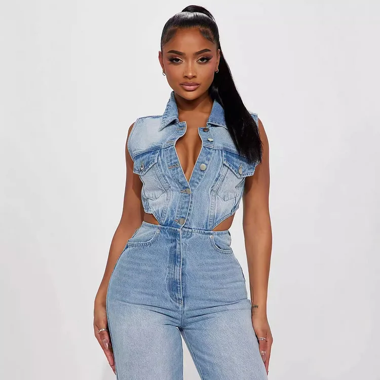 Slim Elastic Wash Denim Straight Loose Jumpsuit