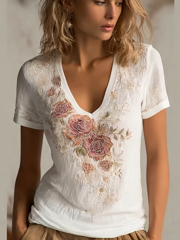 Lace Rose Embroidery Design V-neck Short-sleeve T-shirt elevenforest