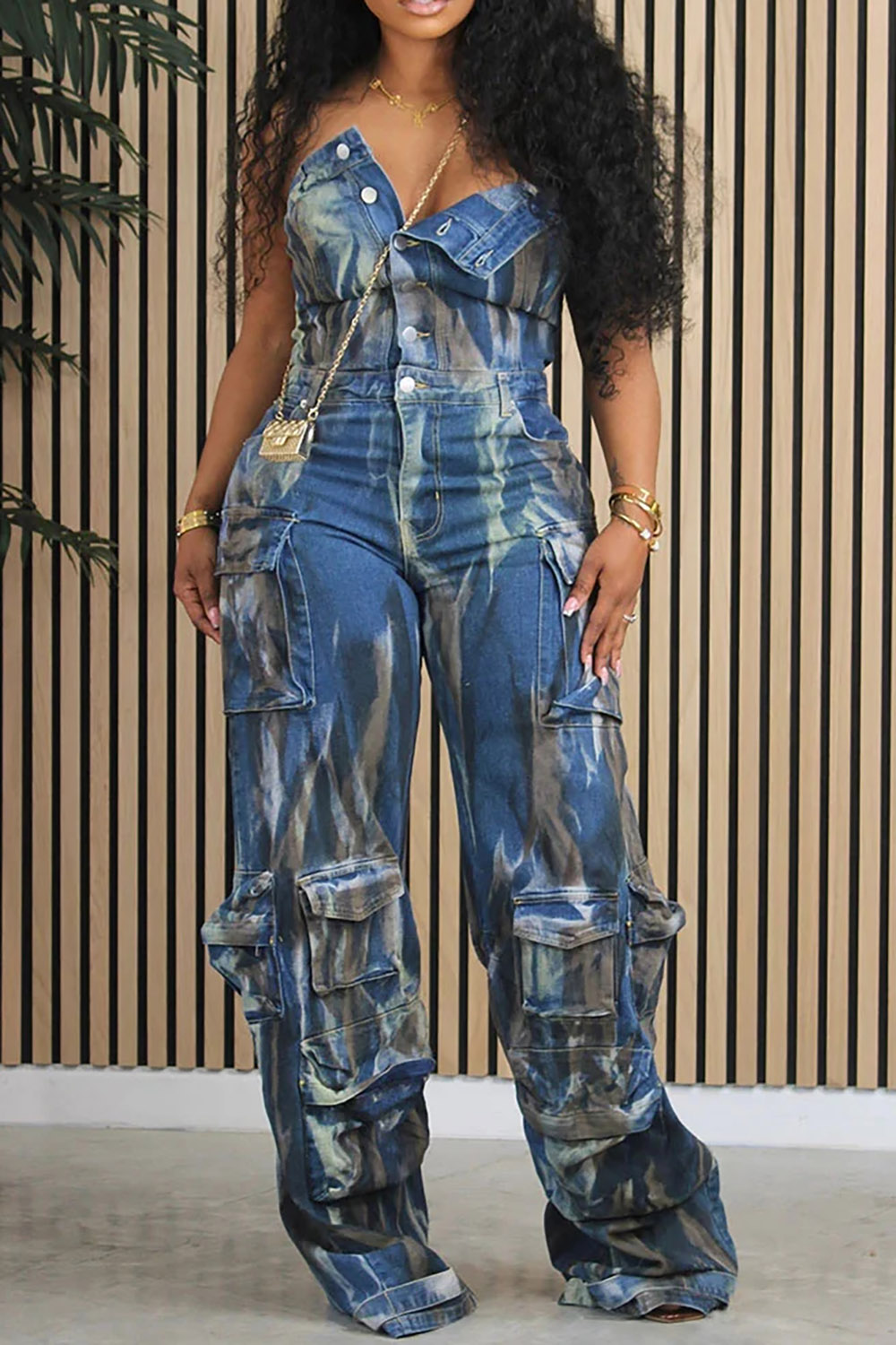 Plus Size Daily Blue Strapless Pocket Button Tie Dye Cargo Denim Jumpsuits [Pre-Order]