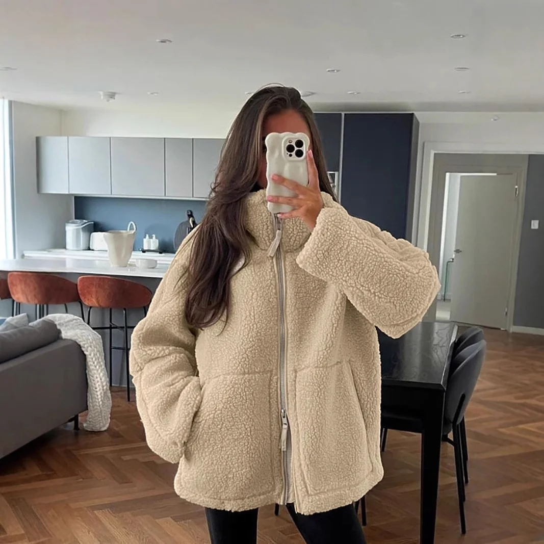 Nigikala Nigikala Hair Women's Autumn And Winter New Women's Solid Color Lazy Wind High-Collar Coat Warm Female Coat