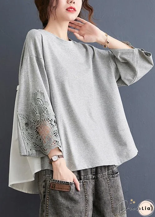 Women Grey Ruffled Lace Patchwork Cotton Tops Spring