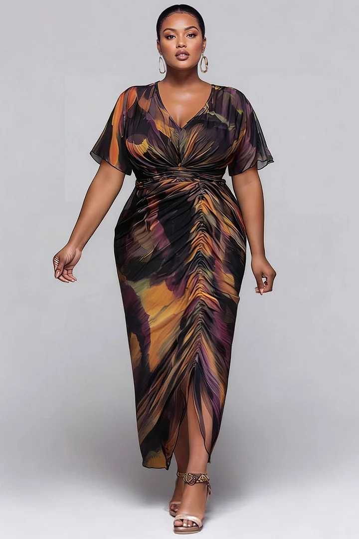 Xpluswear Design Plus Size Wedding Guest Black Tie Dye V Neck Short Sleeve Ruched Chiffon Midi Dresses 2024 - Xpluswear