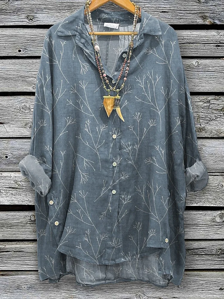 Women's Simple Boughs Seamless Repeat Pattern Printed Casual Cotton And Linen Shirt