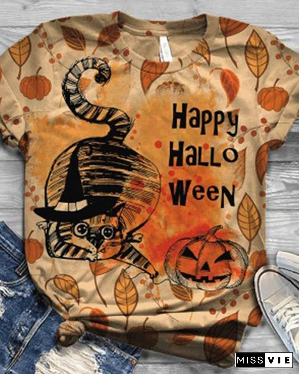 Women 5 Pattern Type Halloween Cat&Pumpkin Short Sleeve T-Shirts