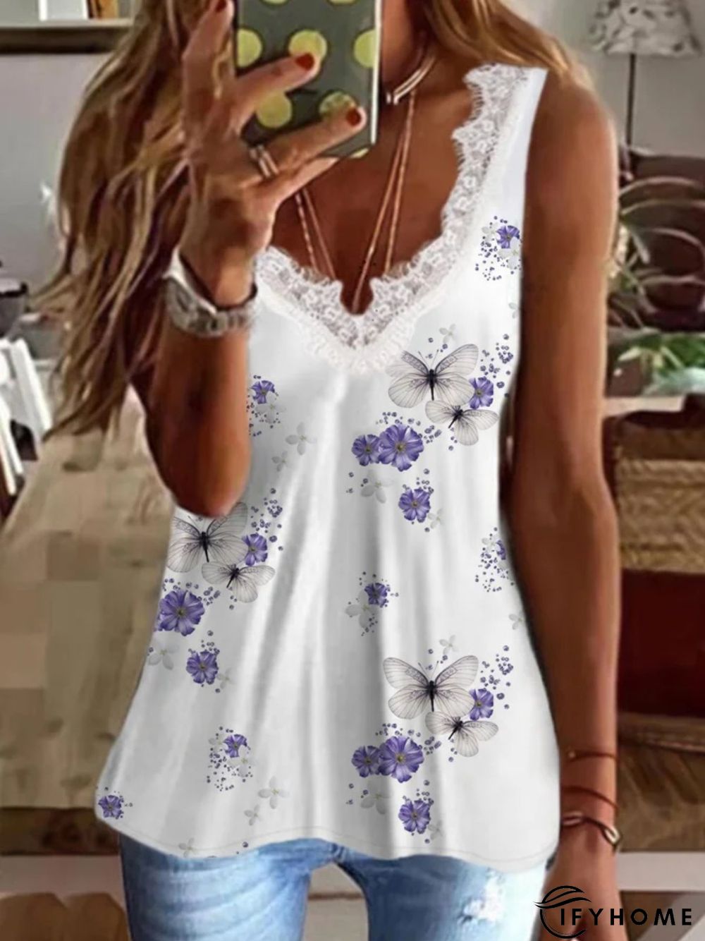Casual Butterfly Sleeveless V Neck Printed Tank Top Vests | IFYHOME