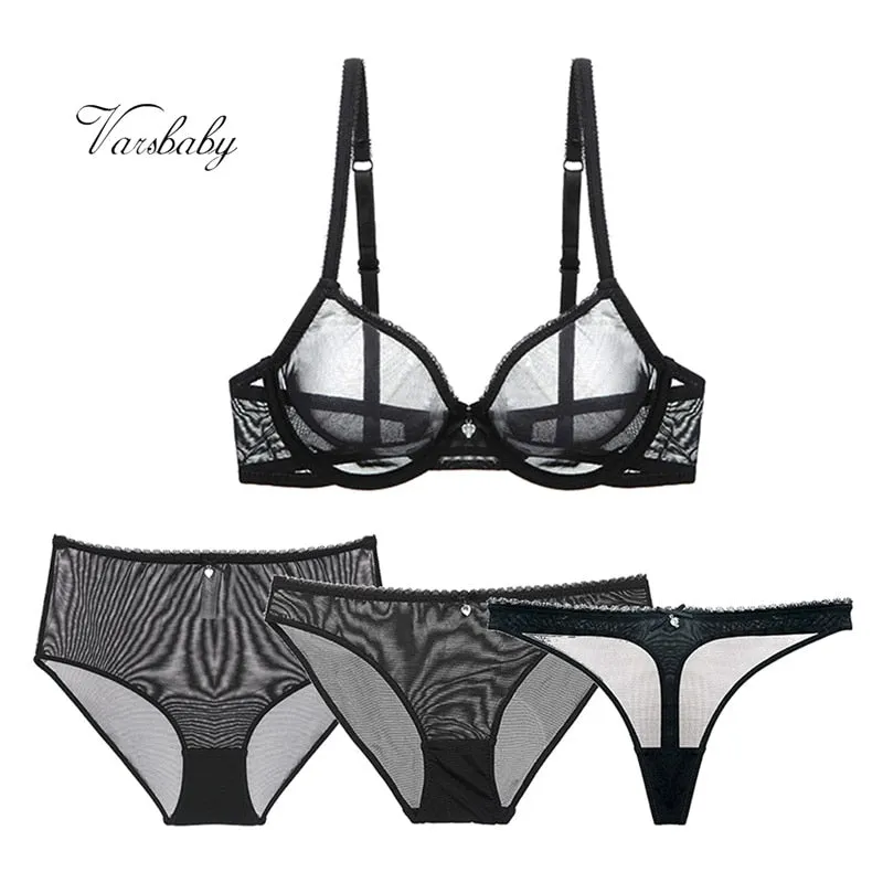 Varsbaby Sexy Transparent Underwear Set 4pcs Bras+Panties+Thongs+High Waist Briefs For Women