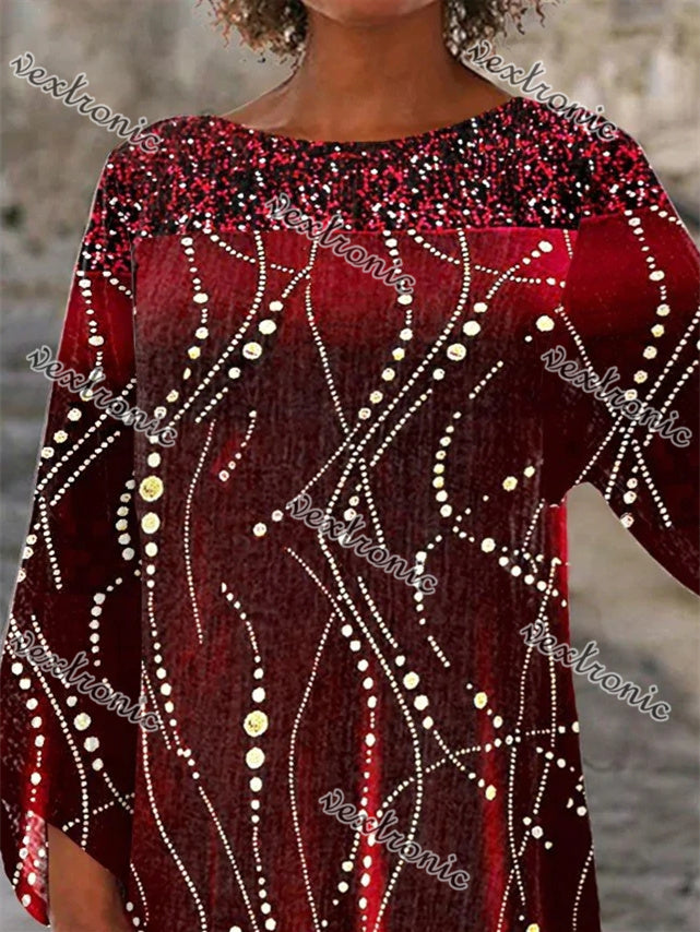 Women 3/4 Sleeve Scoop Neck Printed Stitching Women Tops
