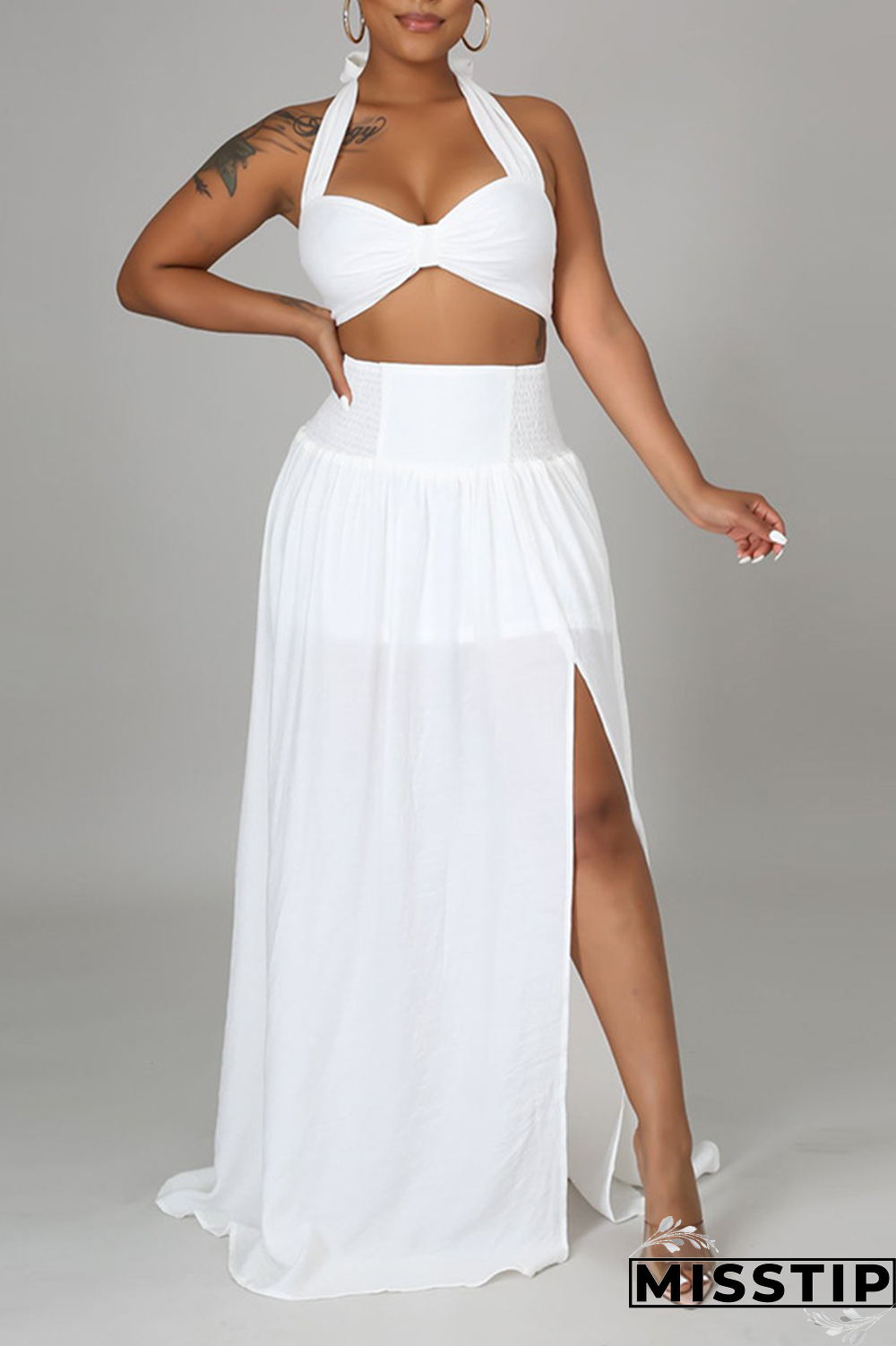 Blue Sexy Solid Mesh Halter Sleeveless Two Pieces