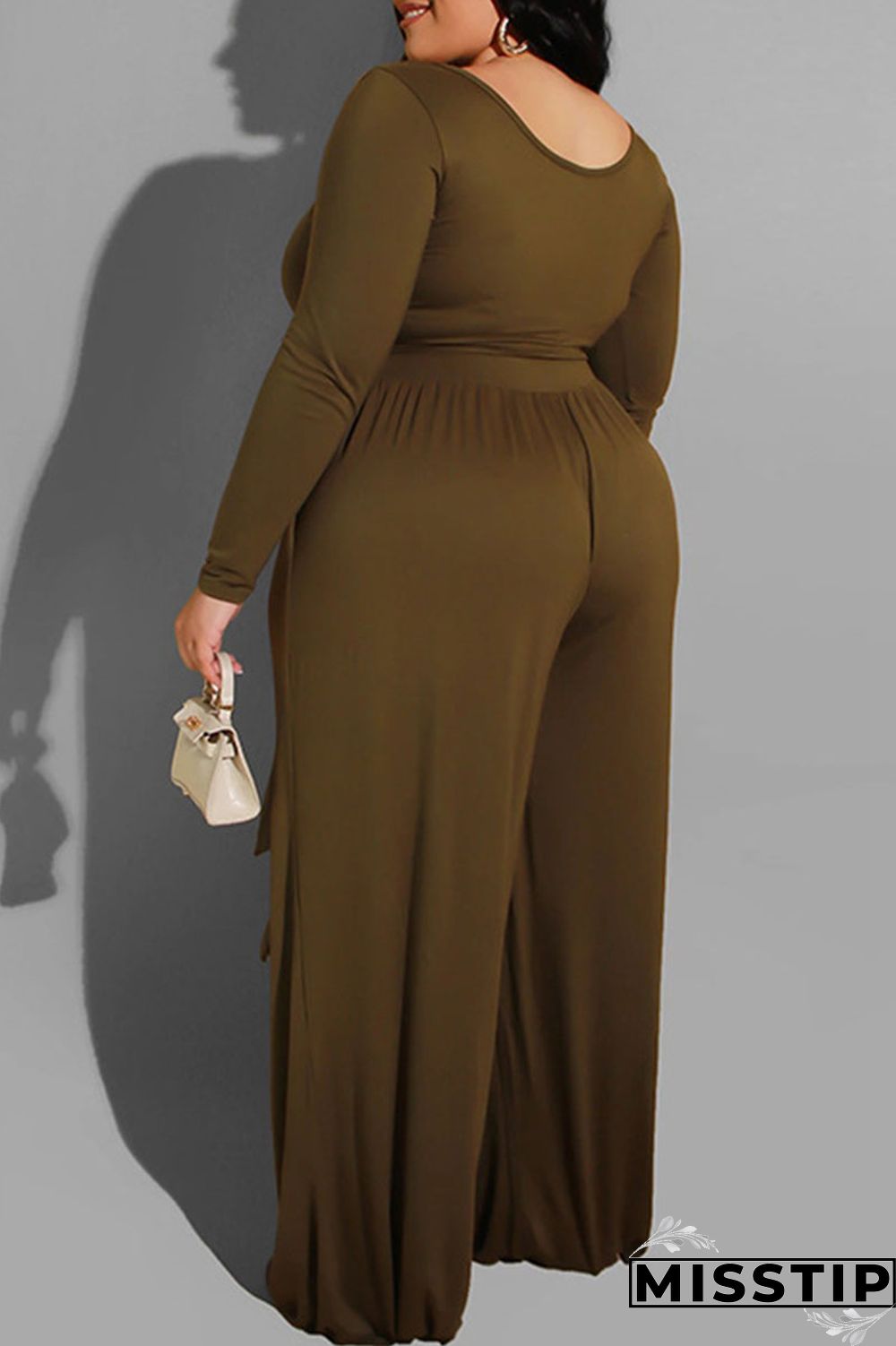 Brown Casual Solid With Belt O Neck Plus Size Two Pieces