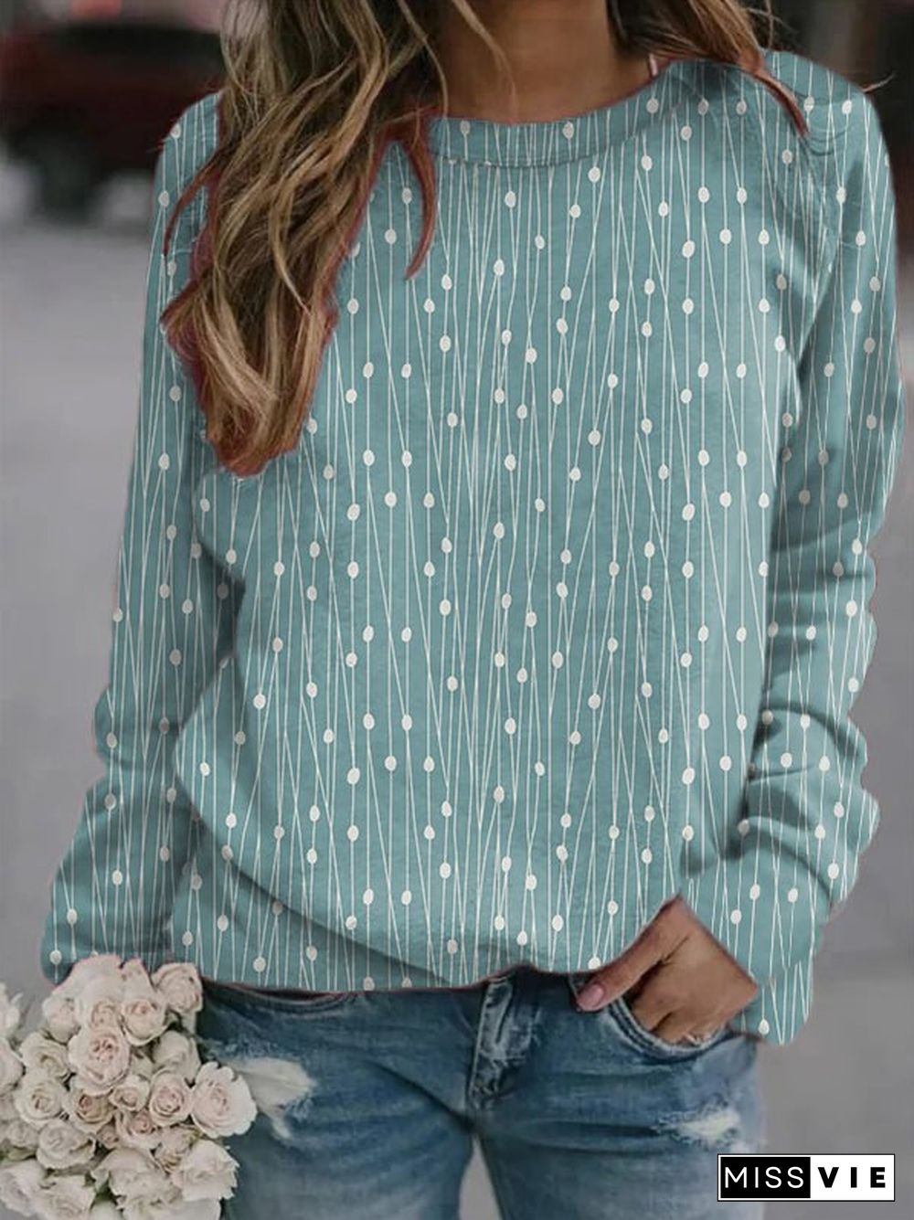 Women Polka Dots Casual Autumn Lightweight Micro-Elasticity Jersey Best Sell Crew Neck Regular Sweatshirts