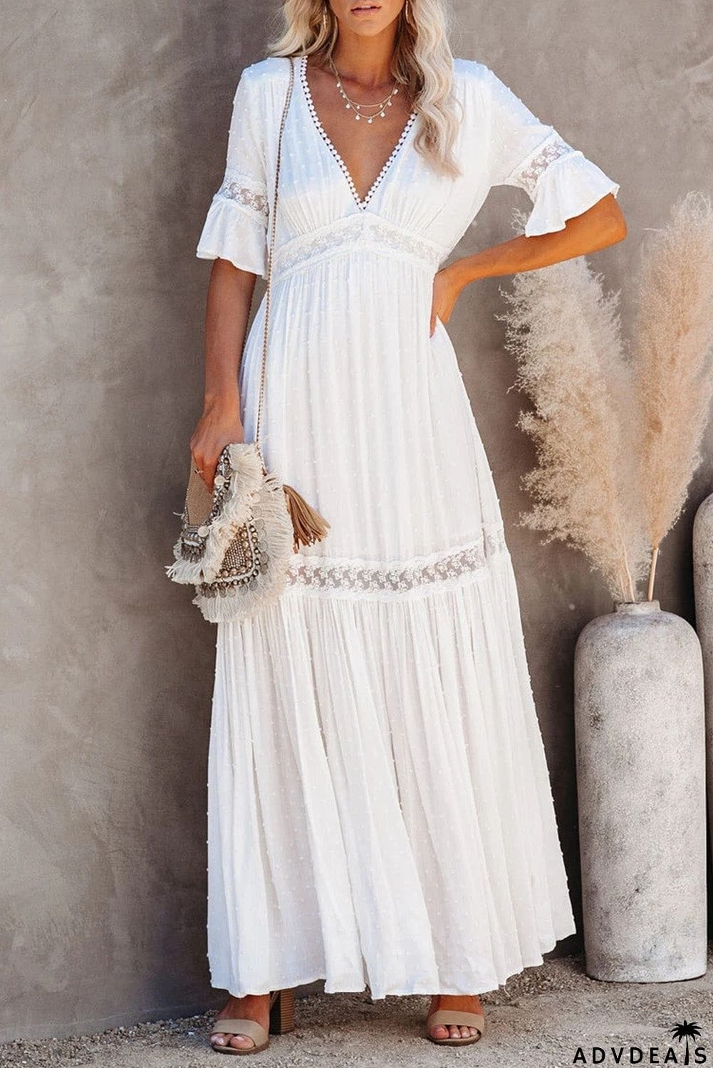 Swiss Dot Lace Trim Maxi Dress