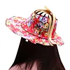 2 in 1 Bamboo Foldable Hand Fan Sun Hat Floral Printed Chinese Style Handheld Foldable Wide Brim Hat for Women Outdoor Beach Travel Accessory