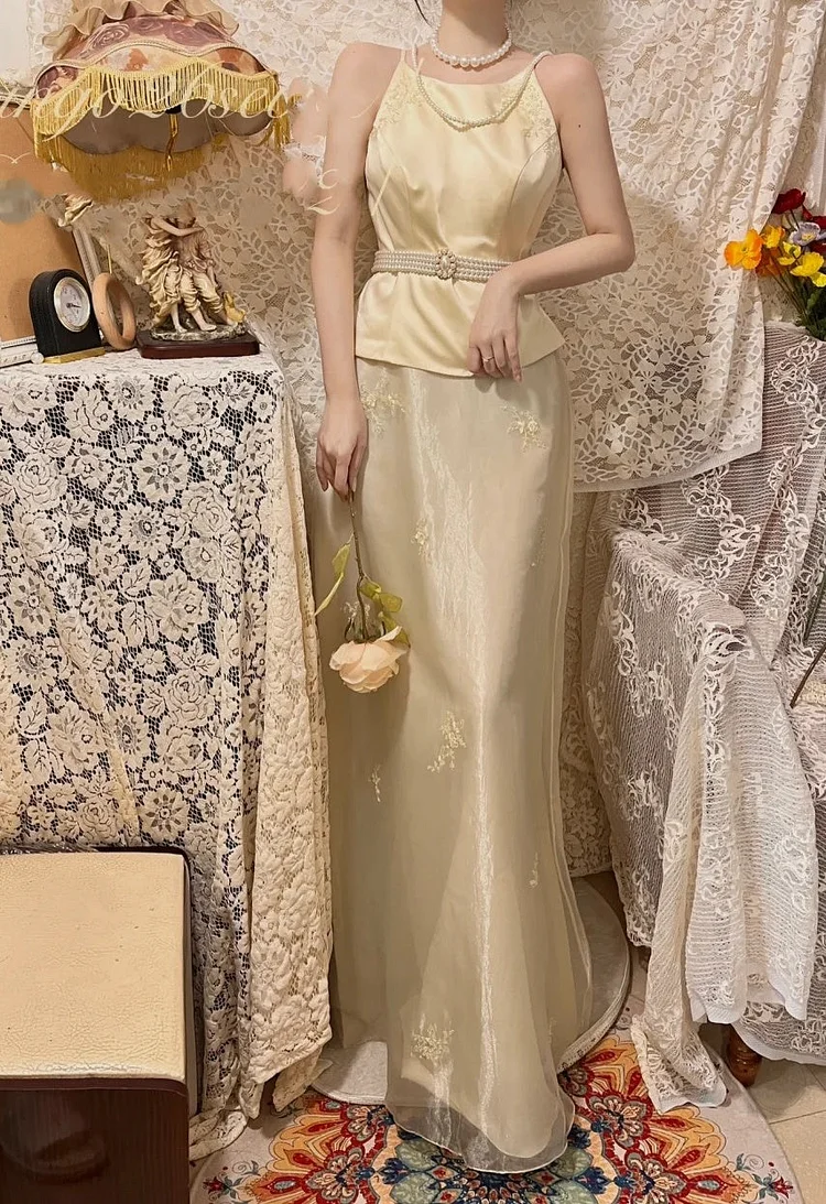 Yellow floral long chiffon chiffon party dress evening dress graduation dress two-piece set