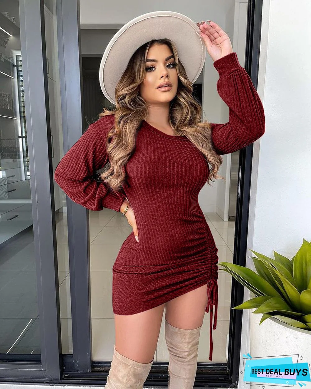 Long-sleeved Drawstring Strapless Mid-length Dress