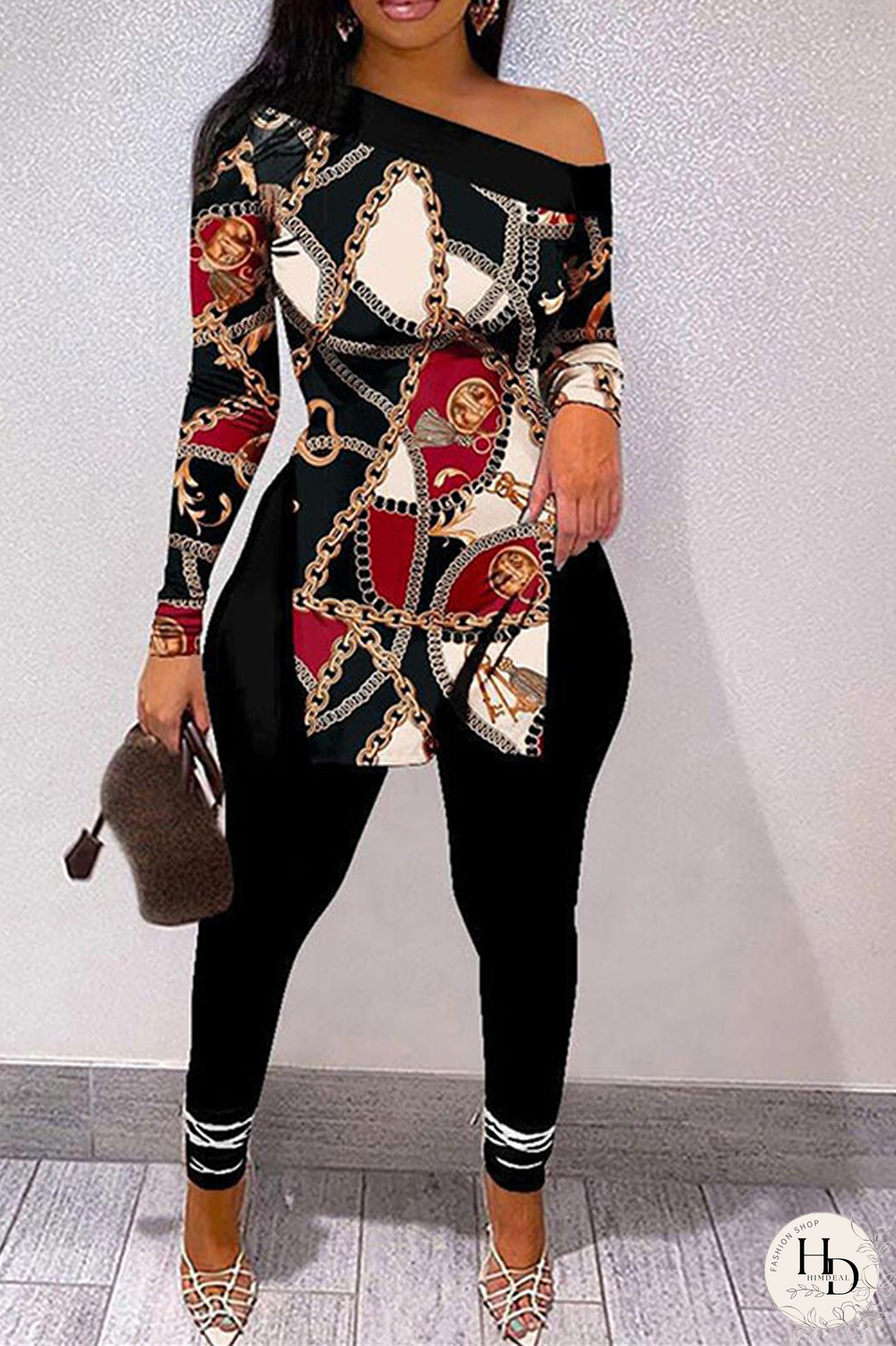 Black Red Street Print Patchwork One Shoulder Long Sleeve Two Pieces