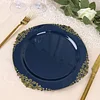 10 Pack | 10" Round Plastic Dinner Plates in Vintage Navy Blue, Gold Leaf Embossed Baroque Disposable Plates