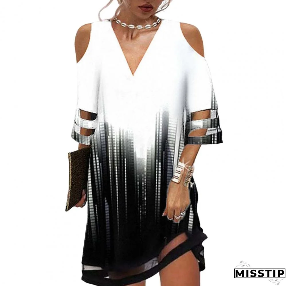 Summer Lace Cuff Hollow Out Short Sleeve Ladies Dress Floral Print Deep V Neck Mini Dress