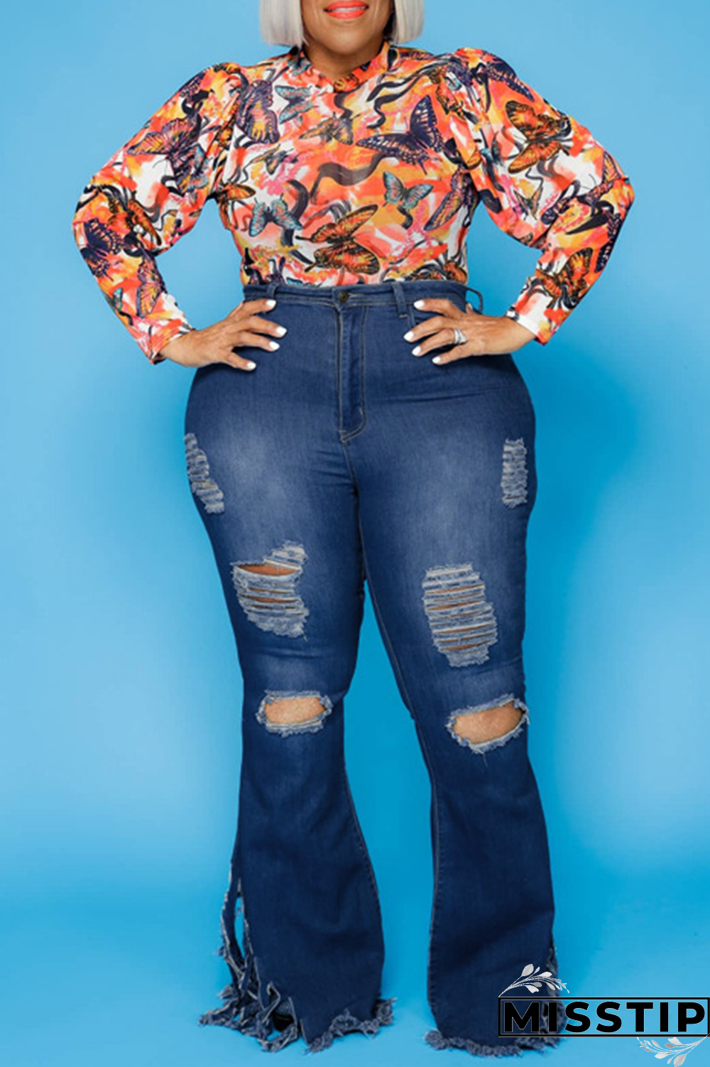 Dark Blue Sexy Solid Ripped Plus Size Jeans