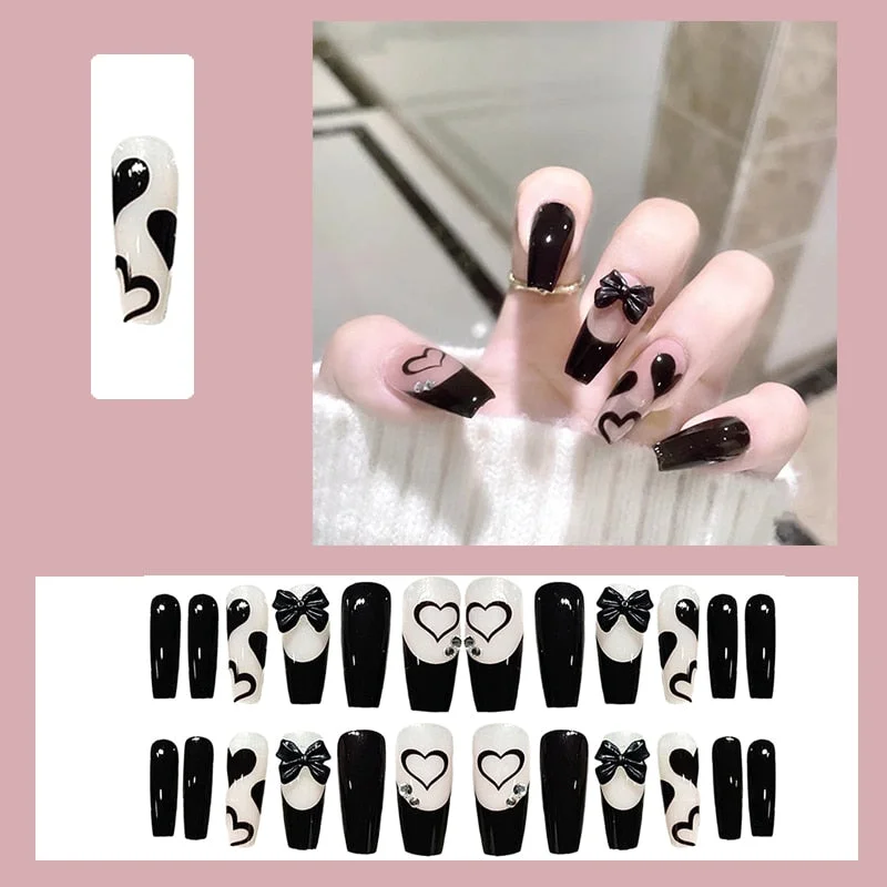 24PCS Glitter Nails Set Press On With Adhesive Strips Korean Cute Black Heart Design Fake Nails Full Coverage Nails for girls-Nail Inspo