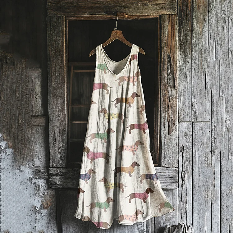 Women's Vintage Dachshund Casual Linen And Cotton Midi Dress