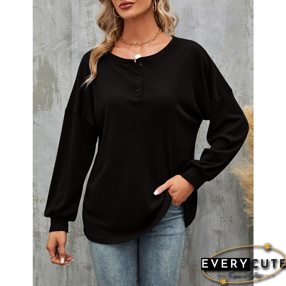 Black Button-up Drop Shoulder Puff Sleeve Tops