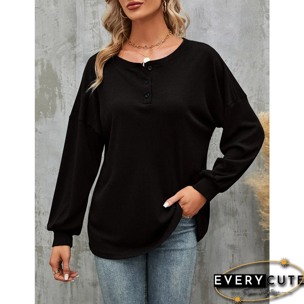 Black Button-up Drop Shoulder Puff Sleeve Tops