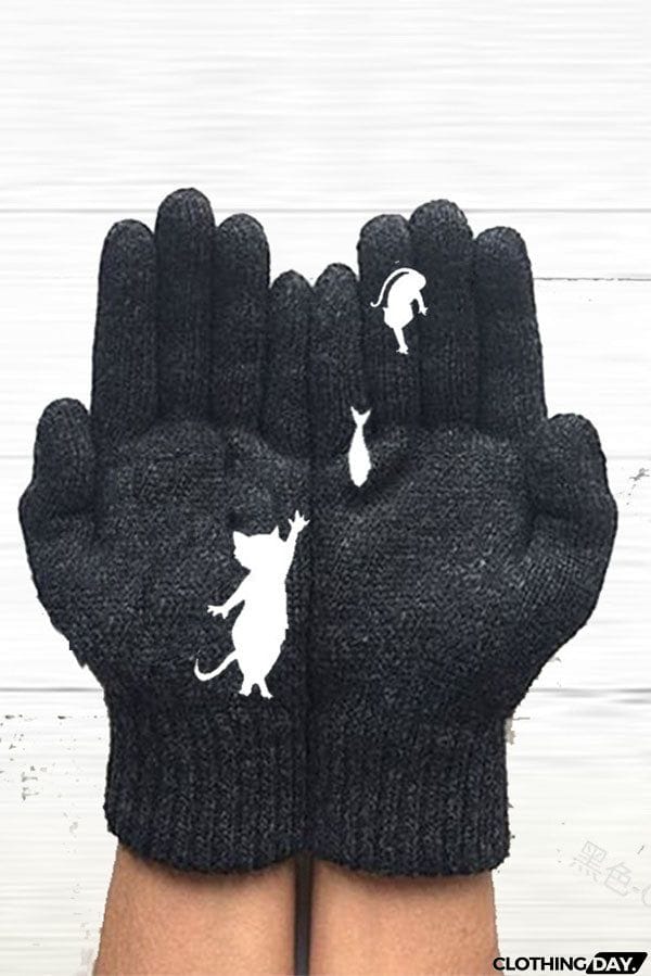 Printed Knitted Gloves Short Thickened Warm Finger Gloves-Cat