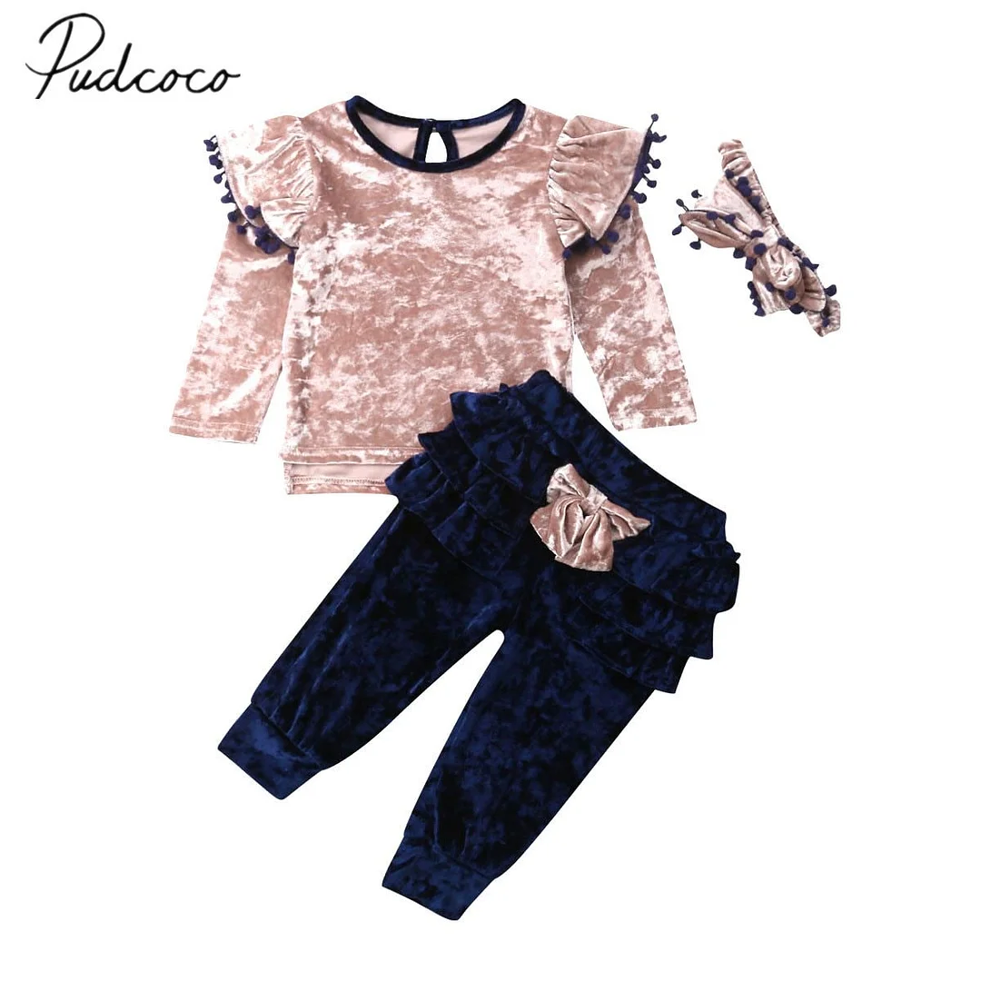 2019 Baby Spring Fall Clothing Toddler Kids Baby Girl Clothes Velvet Ruffle Bow Tops Shirts Long Pants 3Pcs Outfit Set 1-6Y