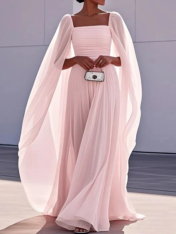 Gauze Pleated Split-Joint Cape Square-neck Maxi Dresses Evening Dresses