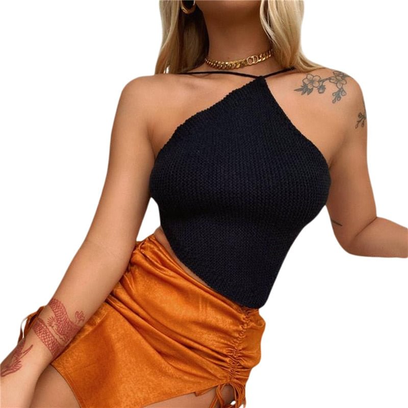 Summer Ladies Sexy Backless Chest Wrap Women Solid Color Hanging Neck Lace-Up Sleeveless Knitted Camisole Irregular Hem Top