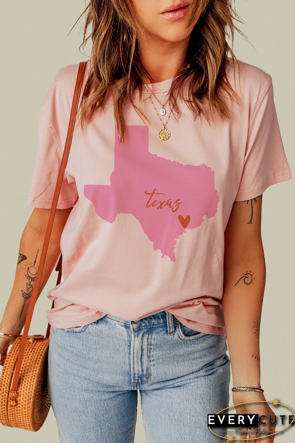 Pink Texas Map Graphic Print Crew Neck T Shirt