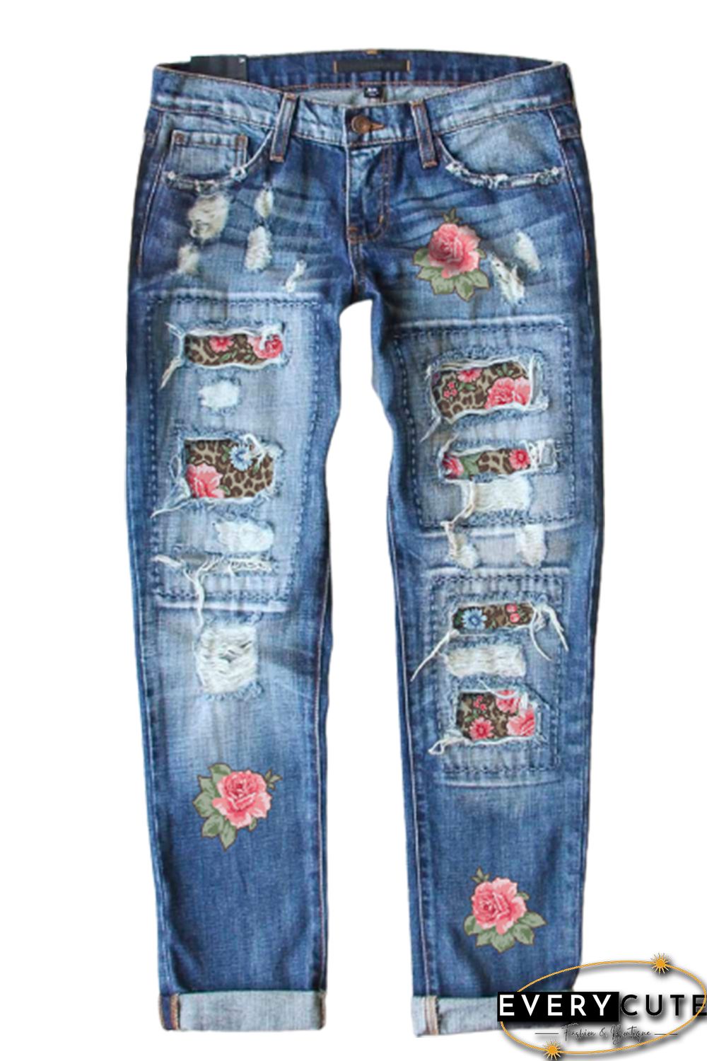 Sky Blue Floral Leopard Print Splicing Distressed Denim Pants