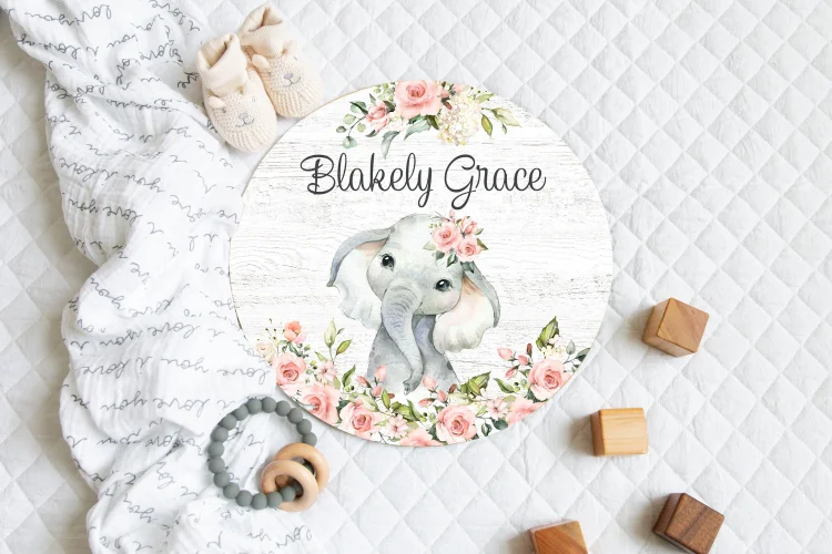 Personalized Floral Elephant Baby Birth Stat Name Sign|S28