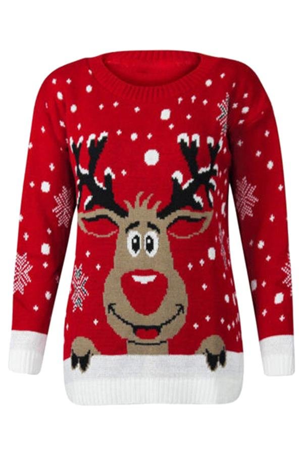 Long Sleeve Snowflake Cute Reindeer Ugly Christmas Sweater Red-elleschic