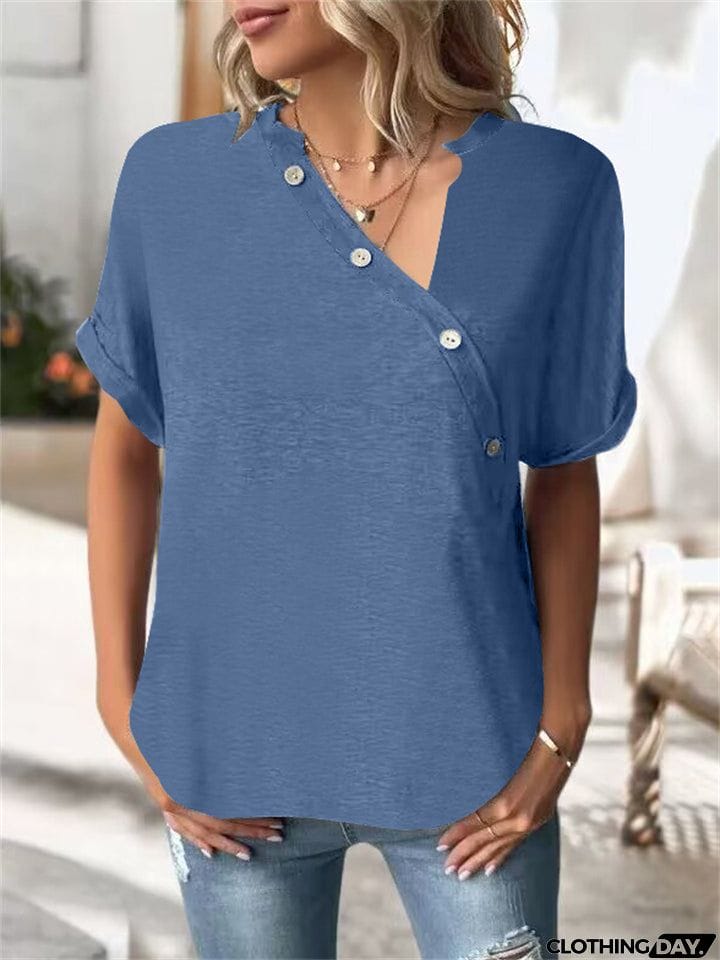 Female Unique V Neck Design Button Short Sleeve T-shirts
