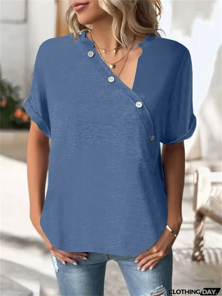 Female Unique V Neck Design Button Short Sleeve T-shirts